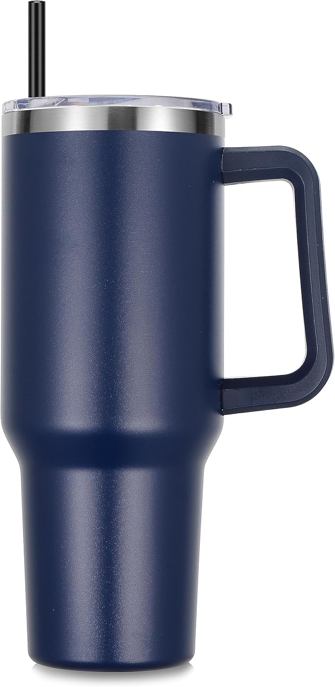 DOMICARE 40 oz Tumbler with Handle and Straw, Stainless Steel Tumbler with Lid and Straw, Reusable Vacuum Insulated Cup, Travel Coffee Mug, Navy Blue, 1Pack - Bloomnest