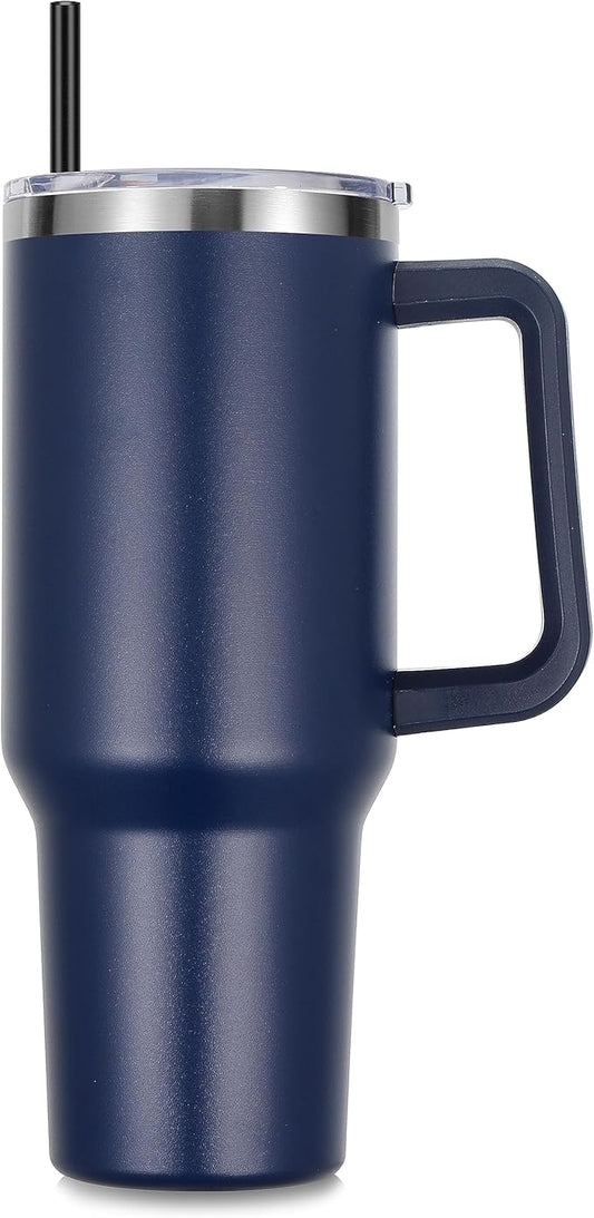 DOMICARE 40 oz Tumbler with Handle and Straw, Stainless Steel Tumbler with Lid and Straw, Reusable Vacuum Insulated Cup, Travel Coffee Mug, Navy Blue, 1Pack - Bloomnest