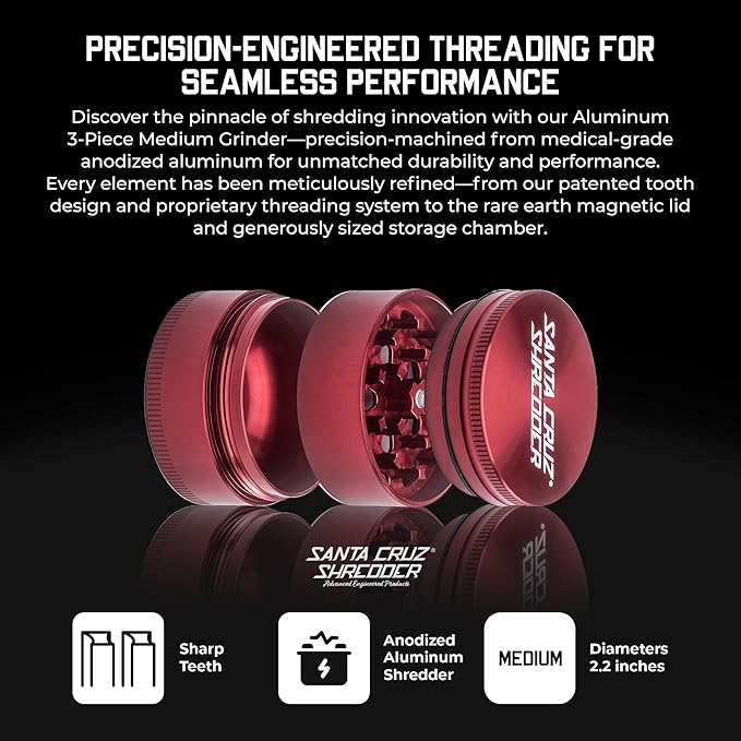 Santa Cruz Shredder Metal Spice Grinder Knurled Top for Stronger Grip 3-Piece Medium 2.2" (Red) - Bloomnest
