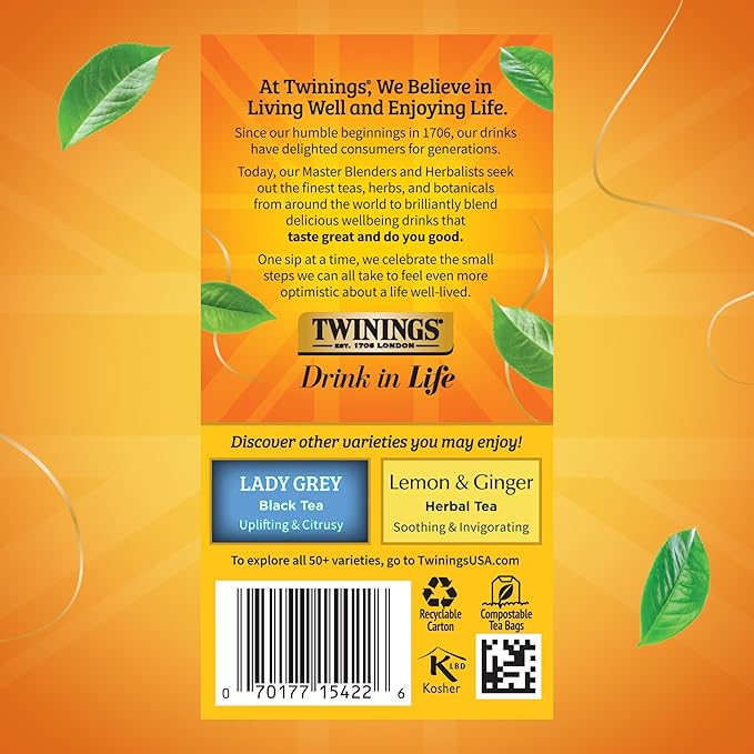 Twinings Earl Grey Black Tea Individually Wrapped Bags, 20 Count (Pack of 6), Flavoured with Citrus and Bergamot, Caffeinated, Enjoy Hot or Iced, 120 Teabags - Bloomnest