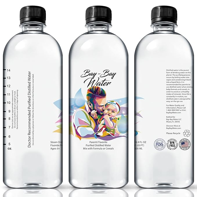 Bay Bay Water - Purified Distilled Water for Babies - 16.9 oz. - Use for Everyday Drinking, Infant Formula, Milk, and Baby Cereal - BPA Free - No Fluoride, Phosphate - Prevent Mineral Overload - (12)