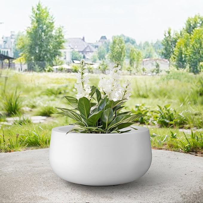 Kante 11.8" Dia Round Concrete Planter, Cement Plant Pots with Drainage Hole and Rubber Plug for Outdoor Indoor Garden Home, Modern Curvaceous Design, Pure White - Bloomnest