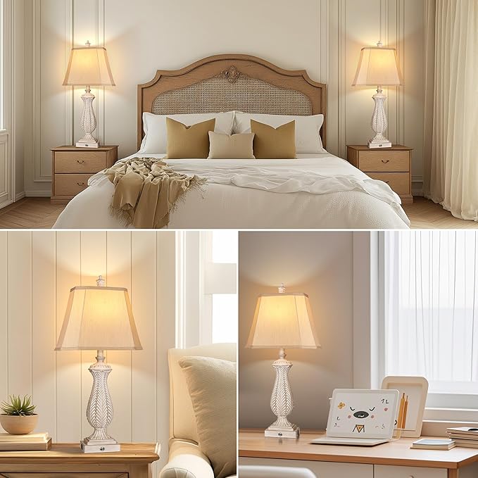 3-Way Dimmable Table Lamps for Bedrooms Set of 2, Light Wood Mermaid Bedside Lamp for Nightstand, 30" H Touch Lamps for Living Room with USB & Type-C Ports, Resin Farmhouse Rustic Lamp with 2 Bulb - Bloomnest