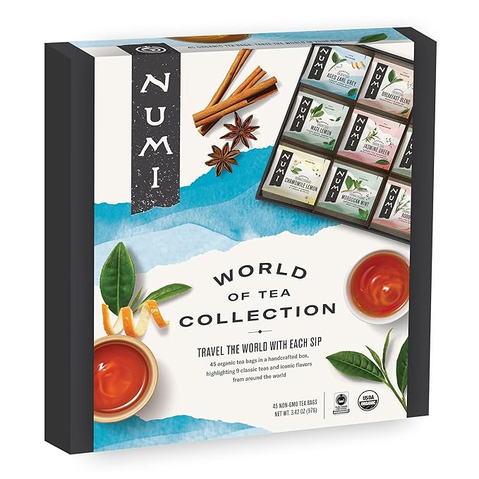Numi Organic Tea World of Tea Gift Set, 45 Tea Bags, Fair Trade Black, Green, Maté, Rooibos & Herbal Tea Sampler - Bloomnest