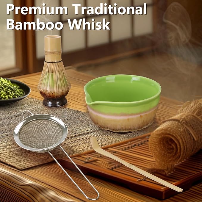 Matcha Whisk Set,Bamboo Chasen Whisk,Green Matcha Bowl with Spout, Chashaku Scoop, Sifter,Matcha Whisk and Holder – 5 PCS Matcha Kit for Matcha Lovers Making Latte Drinks,Gift for Starters Lovers - Bloomnest