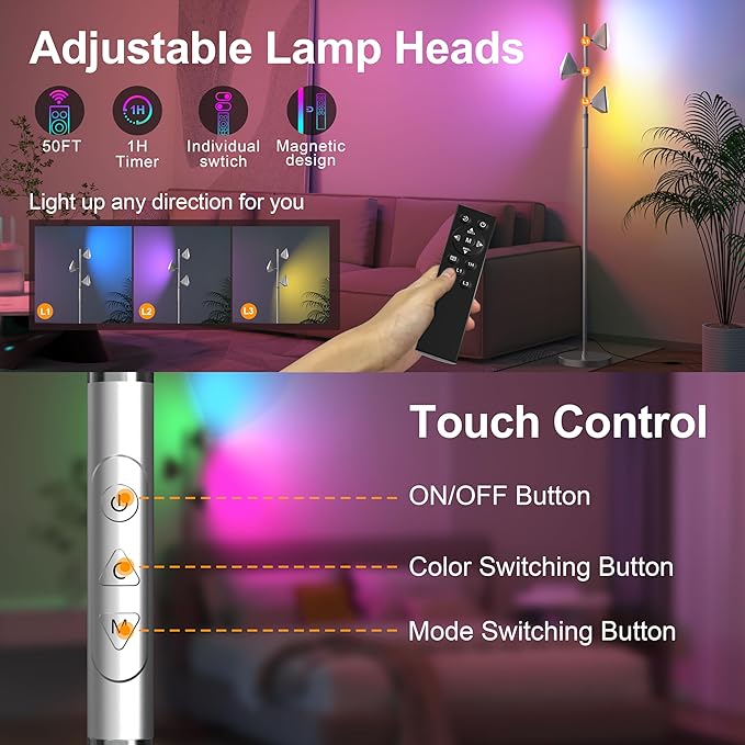 PARTPHONER RGB Tree Floor Lamp for Living Room, Stepless Dimmable Tall Standing Lamp with Remote, Touch Control and 3 Rotatable Light, Bright LED Lights for Bedroom with 4 Color-Changing, Sliver - Bloomnest