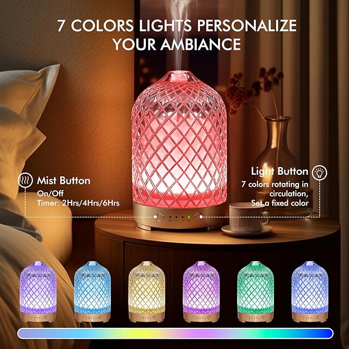 Essential Oil Diffuser 200ml-Ultrasonic Aroma Diffuser with 4 Timers, Aromatherapy Diffuser 7 Color LED Lights Auto Shut-Off Protection for Home Office (Rhombus-Glass) EQUSUPRO