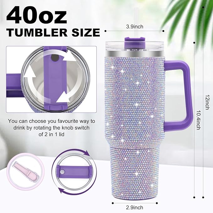 40 oz Tumbler with Handle and Flip Straw Lid, Insulated Leak Proof Double Walled Stainless Steel Rhinestone Diamond Studded Bling Travel Mug Tumblers, Maintains Cold Ice and Heat for Hours - Bloomnest
