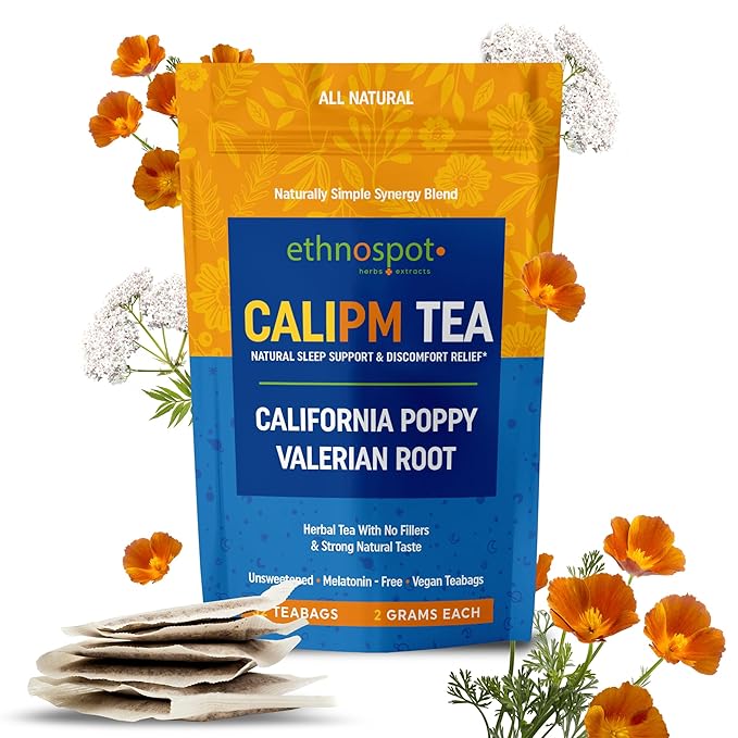 CaliPM Teabags - Natural Sleep Tea with California Poppy & Valerian Root, Herbal Tea for Relaxation & Discomfort Relief, Unsweetened & Vegan, Melatonin-Free, 100% Natural Ingredients - 2 Gram Teabags - 32 Teabags - Bloomnest