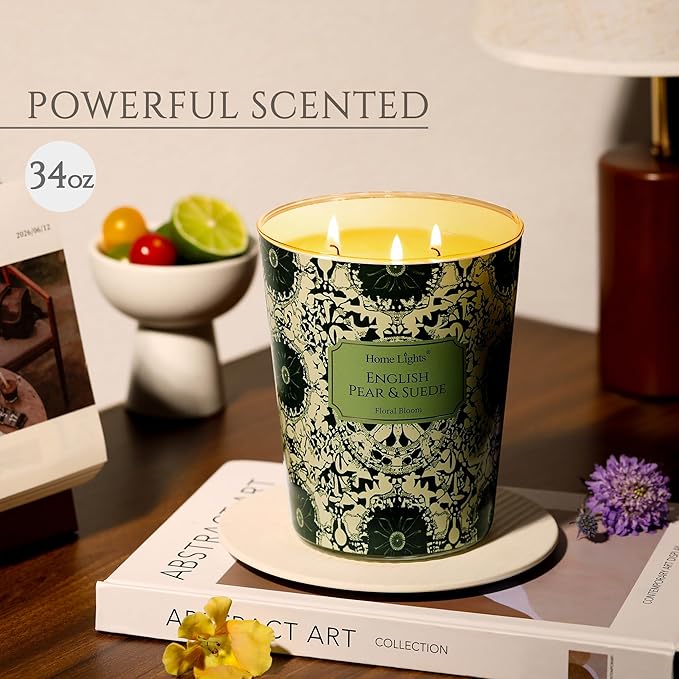 HomeLights Soy Wax Candles for Home Scented, 3-Wick Candles in English Pear & Suede Scented, Bohemian Natural Textures Aromatherapy Candles Gift for Parties, Relaxing, 34oz - Bloomnest