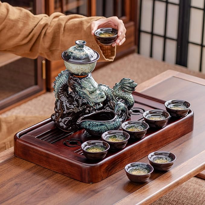 Ceramic Teapot with Infuser Semi Automatic Tea Set Magic Teapot with 8 cups Gradient Color (Gradient Dragon- C) - Bloomnest