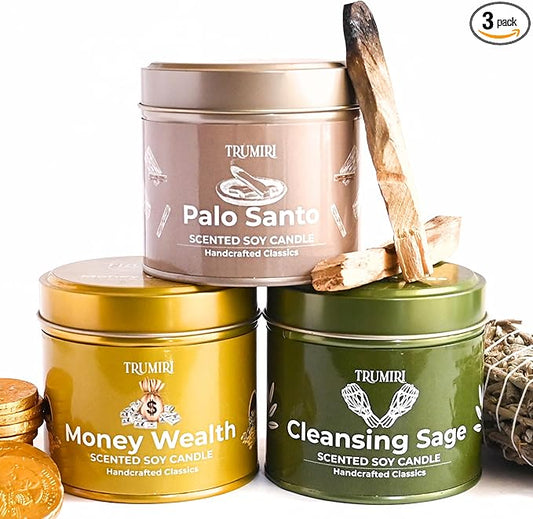 Cleansing Sage, Palo Santo, Money Wealth - Soy Candles Non Toxic - Highly Scented Long Lasting with Essential Oils - Variety Pack of 3 x 5oz - for Home Aromatherapy Meditation Gift Travel TRUMIRI