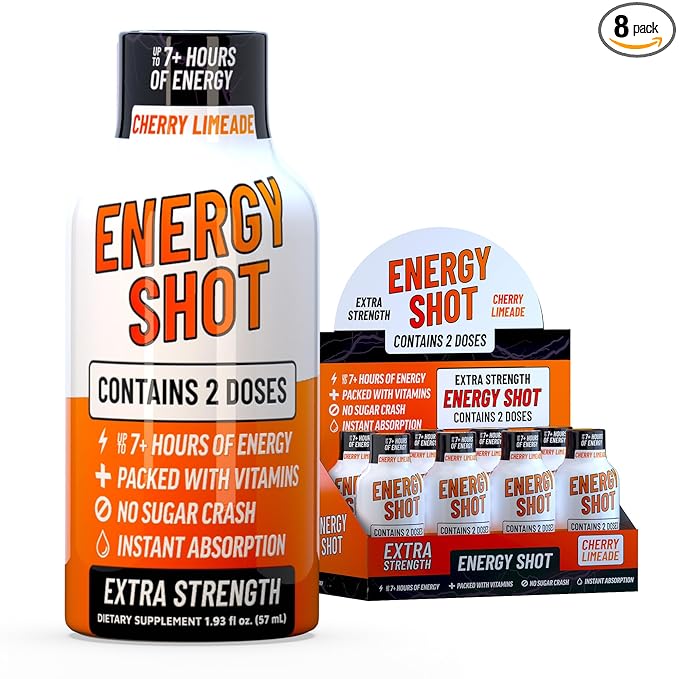 Cherry Limeade Extra Strength Energy Shot 8 pk – 260mg Natural Caffeine B12 B6 – Energy & Focus Support – 2 Servings Sugar Free Zero Calorie Green Tea B-Vitamins Electrolytes Vegan – 1.93 fl oz - Bloomnest