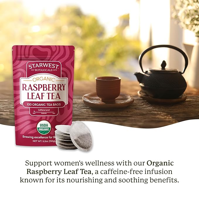Starwest Botanicals Organic Raspberry Leaf Tea - Caffeine Free Herbal Tea, Supports Wellness for Women, String Free Sachets, USDA Organic Raspberry Leaf, Non GMO - Bulk Pack, 100 Tea Bags - Bloomnest