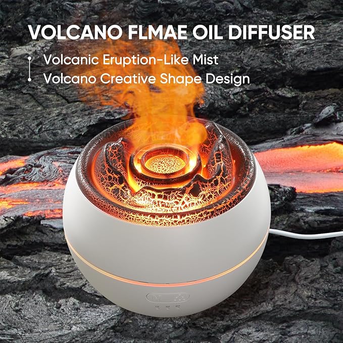 Essential Oil Diffuser, Volcano Flame Fire Oil Diffuser, 360ml Ultrasonic Cool Mist Aromatherapy Humidifier, Scent Diffuser with 7 Colors Light, Timer & Auto Shut-Off for Home, Room (White) - Bloomnest