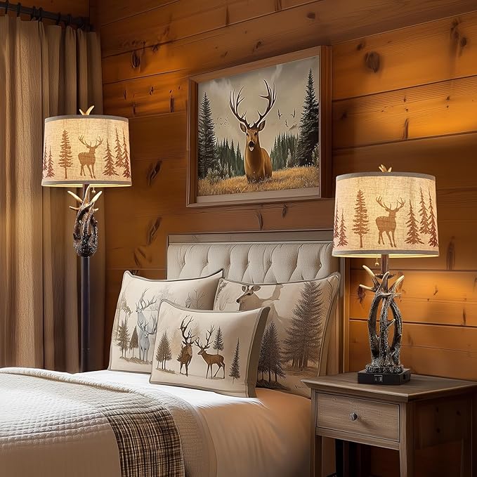 Farmhouse Deer Antler Table Lamps Set of 2 Rustic Western Bedside Lamp with USB A+C & Outlet for Log Cabin Bedroom Hunting Themed Livig Room End Table Cottage Home Decor,Deer Print Linen Fabric Shade - Bloomnest