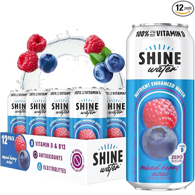 Shine Water Mixed Berry Acai Vitamin D Electrolyte Drink | Zero Sugar Hydration Beverage with Magnesium, Zinc & Antioxidants | Low Calorie Plant-Based Vitamin Water | 12 Pack - Bloomnest