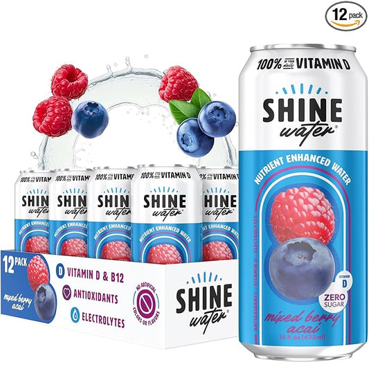 Shine Water Mixed Berry Acai Vitamin D Electrolyte Drink | Zero Sugar Hydration Beverage with Magnesium, Zinc & Antioxidants | Low Calorie Plant-Based Vitamin Water | 12 Pack - Bloomnest