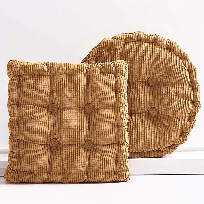 Meditation Floor Pillow Set of 2 Large Square and Round Floor Cushions for Adults Brown Corduroy Floor Seat Pillows Cushion for Living Room Balcony Tatami Yoga,18x18 Inch - Bloomnest
