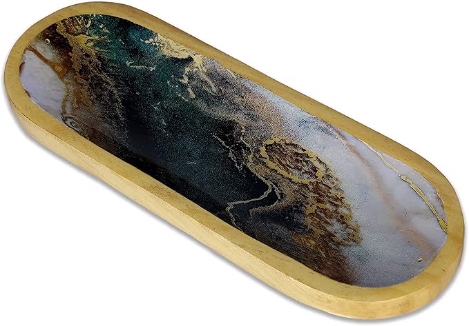 Bless-International Traditional-Handmade-Tray-Burner Wooden-Trat-Incense-Stick-Holder Ash-Catcher-Stand for-Aromatherapy-Meditation-Yoga (Green White Agate, 11x4x1.22 Inches) - Bloomnest