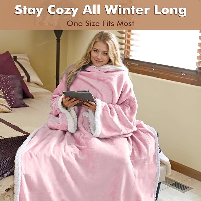 Tirrinia Sherpa Wearable Blanket With Sleeves, Full Body Throw Reading Wrap TV Blankets - Bloomnest