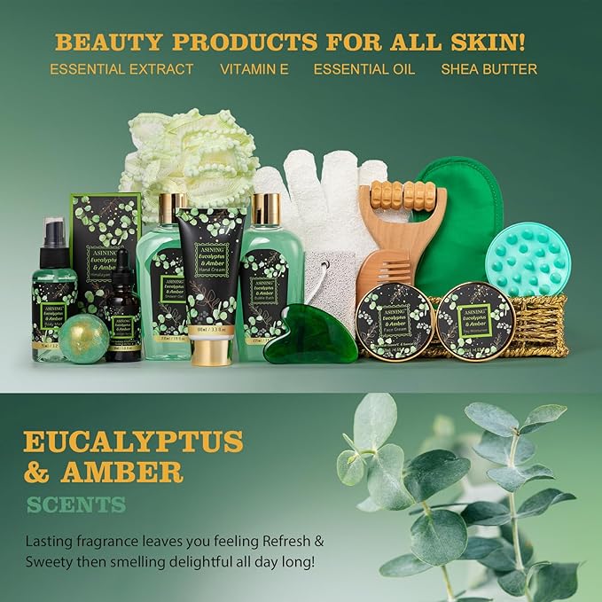 Home Spa Gift Basket, Bath Spa Kit for Women & Men, Bath & Shower Spa Gift Basket Set with Body Lotion, Shower Gel, Bubble Bath, Bath Bomb, Bath Gift Set for Mother, Wife Her, Eucalyptus & Amber Scent - Bloomnest
