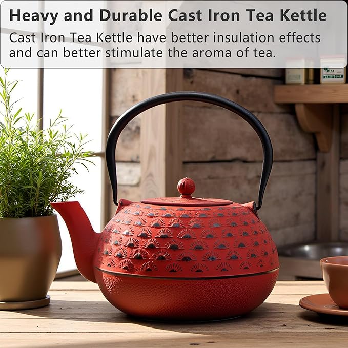 YJX 60.9 fl oz Cast Iron Teapot, Large Tea Kettle for Stove Top, Red Tea Pot with Stainless Steel Infuser for Loose Tea, 1.8L Japanese Enameled Metal Teapot - Bloomnest