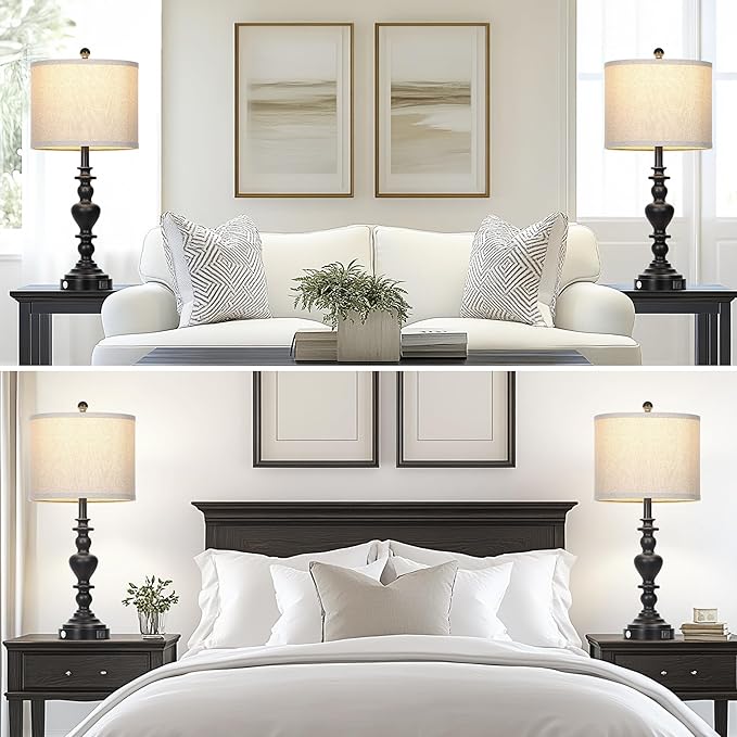 Farmhouse Table Lamps Set of 2, 27" Black Vintage Bedside Lamps with USB A+C Charging Ports, 3-Way Dimmable Touch Control Rustic Nightstand Lamp for Living Room Office(Bulbs Included) - Bloomnest
