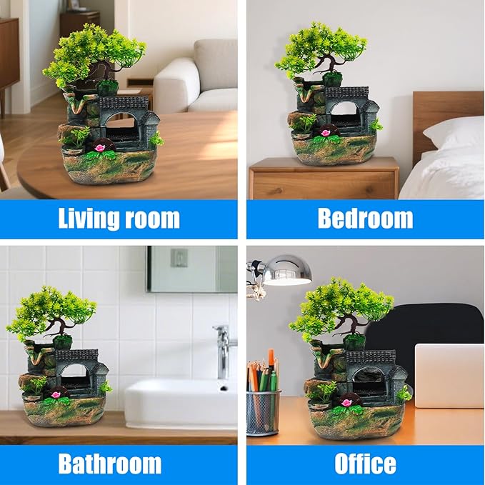 Tabletop Waterfall Fountain – 11 in Rockery Humidifier with Color-Changing LED Light, Adjustable Pump & Faux Bonsai Tree, Resin Indoor Desk Fountain Décor for Bedroom, Office, Aquarium, Meditation