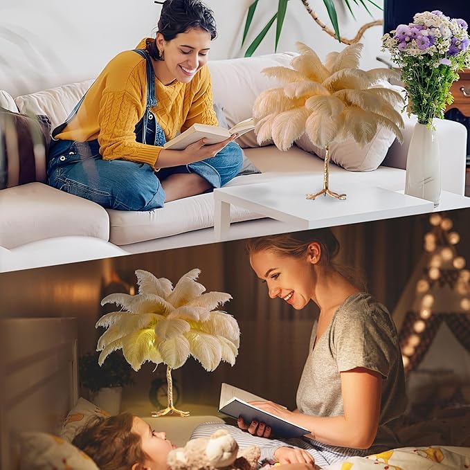 MAYOLA Modern Ostrich Feather Table Lamp with Plug in Wire,3-Light Bedside Floor Lamp for Living Room, Bedroom and Office 24” Tall Feather Desk Lamp (Ostrich Color, Table Lamp-Resin) - Bloomnest