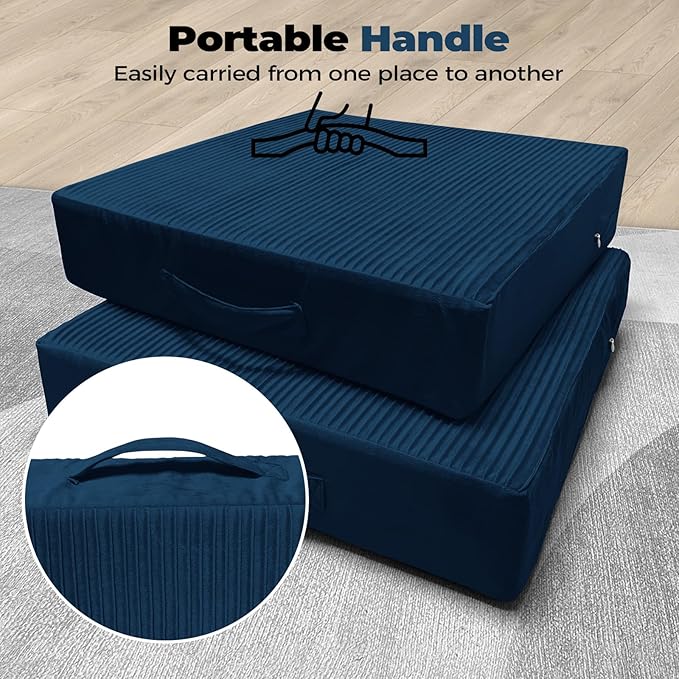 Large Floor Pillows for Adults, Thick Meditation Floor Cushions for Sitting Yoga, 22x22x5 Foam Seat Cushions Set of 2 for Furniture, Floor Pillow with Pleated Velvet Removable Cover, Navy
