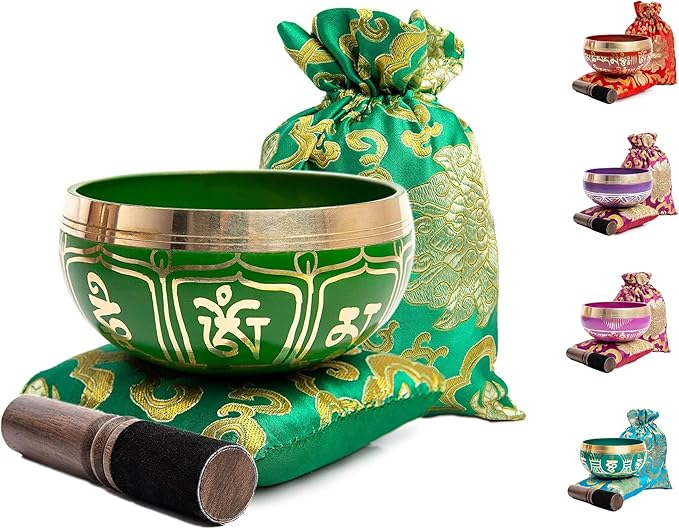Tibetan Singing Bowl Set - Authentic Handcrafted Mindfulness Meditation Holistic Sound 7 Chakra Healing by Himalayan Bazaar (Emerald) - Bloomnest