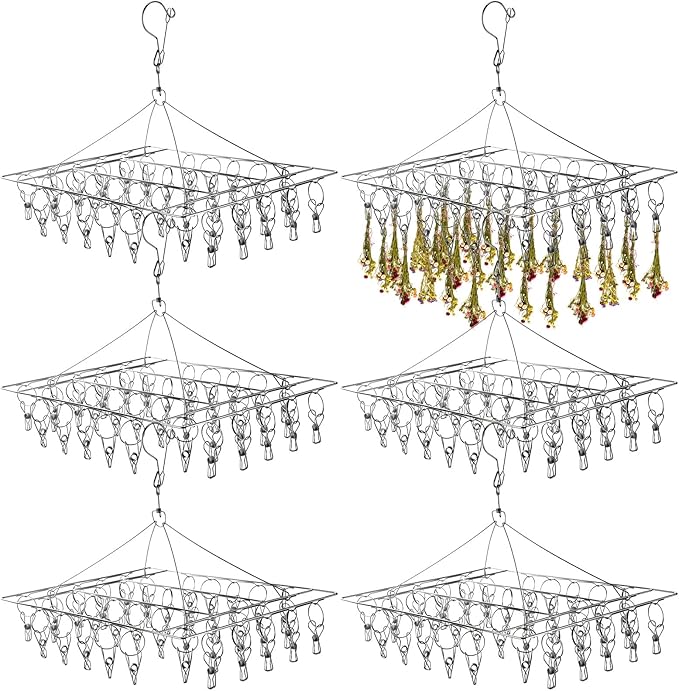 6 Pcs Herb Drying Rack Hanging - Stainless Steel with Clips Clothes Laundry Drying Rack Hanger Collapsible for Plants Bud Weed Onion Macrame Flower Spices(Square) - Bloomnest