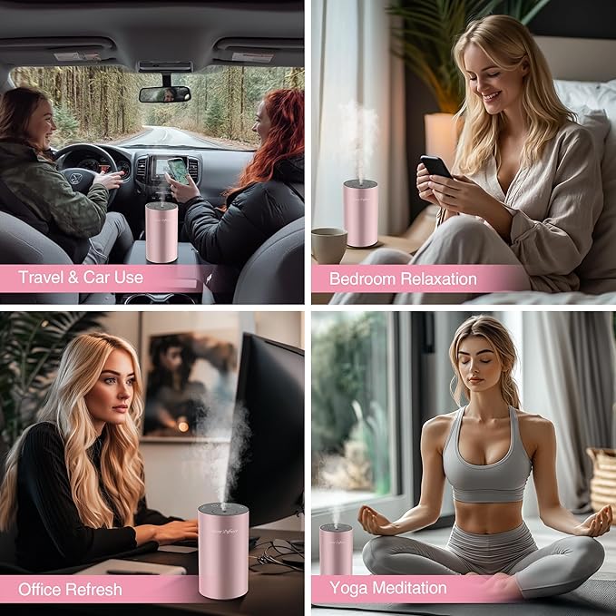 Waterless Essential Oil Diffuser Starter Kit - No Water Needed, Battery Operated Mini Scent Air Machine, Included 3x20ML Essential Oils, Portable Aromatherapy Diffuser for Home & Car & Office, Pink - Bloomnest