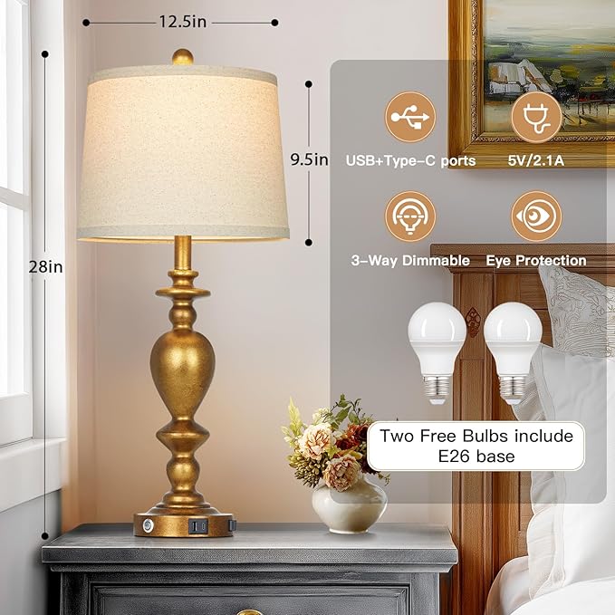 28" Farmhouse Table Lamps Set of 2 with USB C+A Ports & AC Outlet for Vintage Living Room Retro Bedroom,3-Way Dimmable Touch Lamp Resin Bedside Lamps for Nightstand Side End Table, Brass - Bloomnest