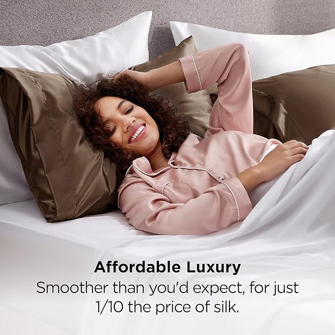 Bedsure Satin Pillowcase 2 Pack Similar to Silk Pillow Cases Standard Size, Pillow Case for Sleeping Women with Envelope Closure, Gifts for Women Men, Brown, 20x26 Inches, 2pcs - Bloomnest