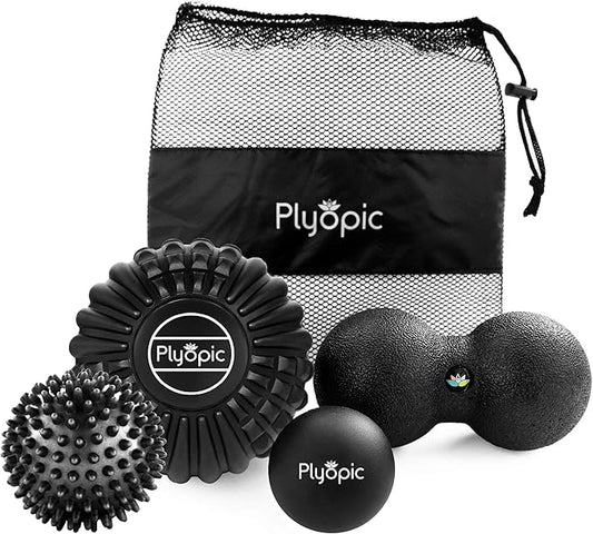 Plyopic Deep Tissue Massage Ball Set – Set of 4: Lacrosse, Spiky, Peanut and 5” Foam Roller Massager Balls for Muscle Massage, Mobility, Trigger Points and Myofascial Release