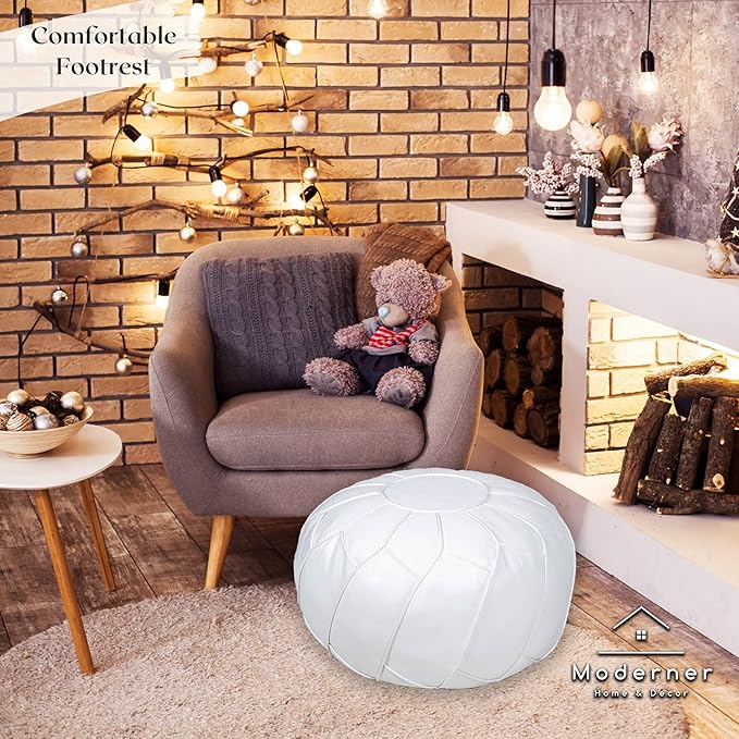 Moderner Faux Leather Pouf Unstuffed Ottoman Moroccan Footstool, Floor Footrest Cushion, Storage Solution - Natural Brown Color (White, Round) - Bloomnest