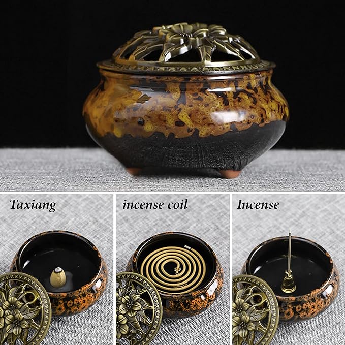 Ceramic Incense Burner with Lid, Bowl Burner， Cone Incense Burner, Ceramic Censer Suitable for Incense/Cone/Coil/Sticks, There are 30 Incense Cones+ Metal Incense Holder+Fireproof Cotton Inside. - Bloomnest