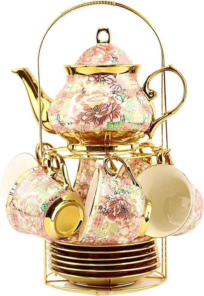 20 Pieces Porcelain Tea Set With Metal Holder, European Ceramic tea set for adults,Flower Tea Set,Tea Set For Women With Flower Painting(Large version, Red) - Bloomnest