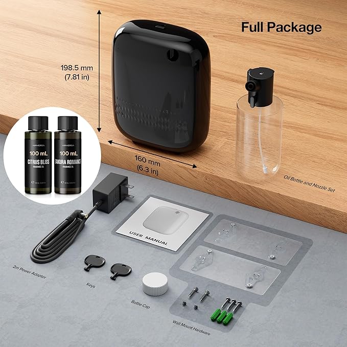 Airversa Waterless Essential Oil Diffuser (400 mL Capacity) Starter Kit 200mL Fragrance Scent Oils, Up to 2000 sq ft Aromatherapy Smart Scent Air Machine for Home, Large Room, Office, ANW Kit Black - Bloomnest