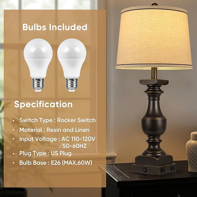 28'' Farmhouse Bedside Lamps Set of 2, Black Gold Table Lamps for Nightstand, Desk Lamps with Linen Shades, Table Lamps with USB A+C Port, Nightstand Lamps for Bedroom, Rocker Switch, Bulb Included - Bloomnest
