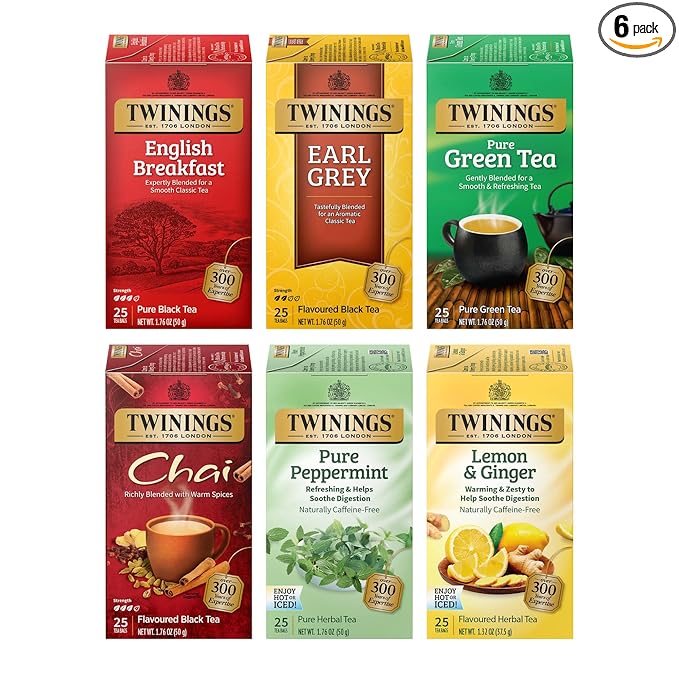 Twinings Variety Pack Tea Bags, 25 Count (Pack of 6) Includes English Breakfast, Earl Grey, Lemon Ginger, Peppermint, Green, and Chai, Enjoy Hot or Iced, 150 Teabags - Bloomnest