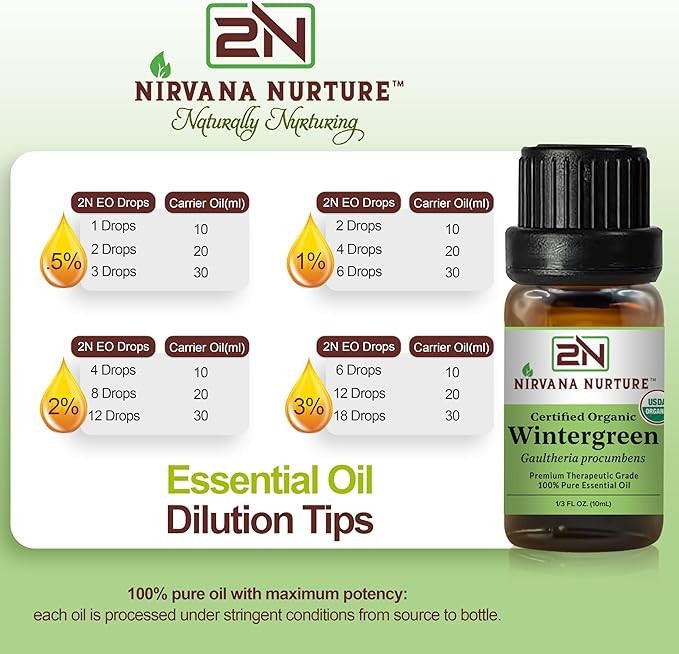 Wintergreen Essential Oil, USDA Certified Organic, 100% Pure Undiluted, Aromatherapy Oil for Diffuser, Hair & Skin Care NirvanaNurture