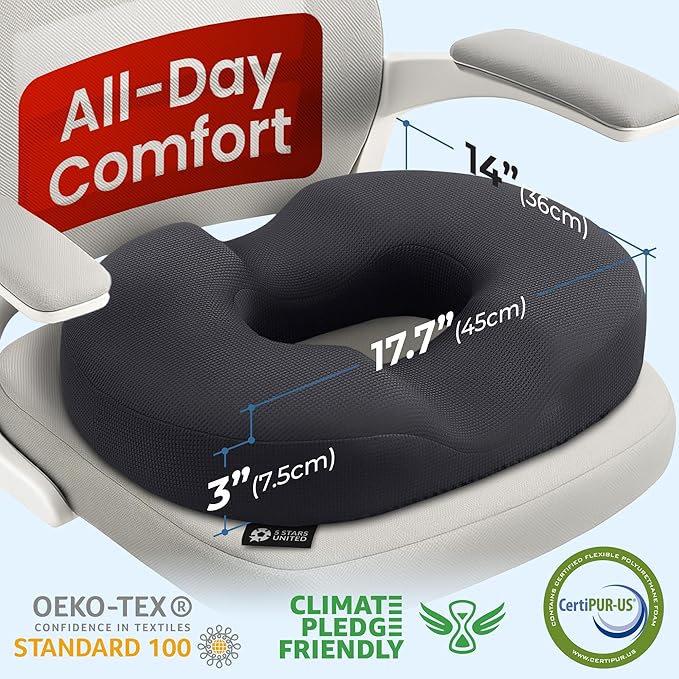 5 STARS UNITED Donut Pillow Hemorrhoid Tailbone Cushion – Large Chair Pad for Pain Relief – Coccyx, Prostate, Sciatica, Pelvic Floor, Pressure Sores, Pregnancy, Postpartum Recovery, Arctic Black - Bloomnest