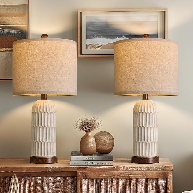 OYEARS 22.5" Table Lamp for Living Room,Retro Farmhouse Lamps for Nightstands Boho Bedroom Lamps Set of 2,with USB A+C Charging Ports,Beige and Brown - Bloomnest