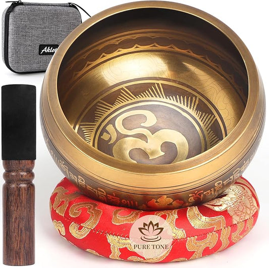 AKLOT HandMade Meditation Singing Bowl: Tibetan Sound Bowl Set with Pure Tone, Sound Bath Bowl with Cushion, Mallet, Carry Bag, Spiritual Gift for Chakra Clearing, Yoga, Prayer, Relaxation (5 Inch)