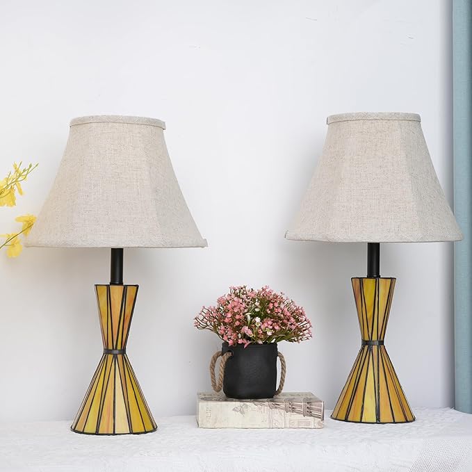 Stained Glass Table Lamps for Living Room 3-Way Dimmable Bedside Desk Lamps with 12 inches White Shade for Living Room Home Office - 2 LED Bulbs Included - Bloomnest