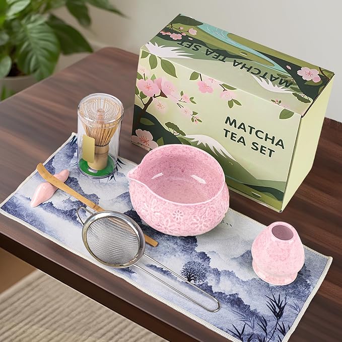 Matcha Whisk Set, 7 Pcs Matcha Kit Includes Matcha Bowl, Whisk and Holder, Bamboo Scoop, Scoop Rest, Sifter and Tea Towel, Gift for Matcha Lover (Pink) - Bloomnest