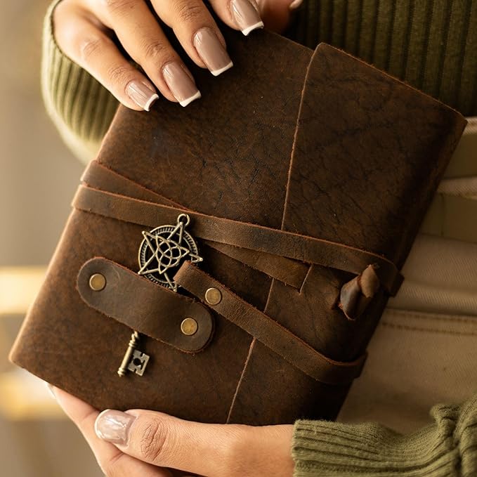 LEATHER VILLAGE Leather Bound Vintage Journal for Women & Men - 7"X5"(A7), Rustic Mocha Brown, 200 Pages of Handmade Deckle Edges Watercolor Paper - Antique Lock Closure - Book of Shadow - Bloomnest